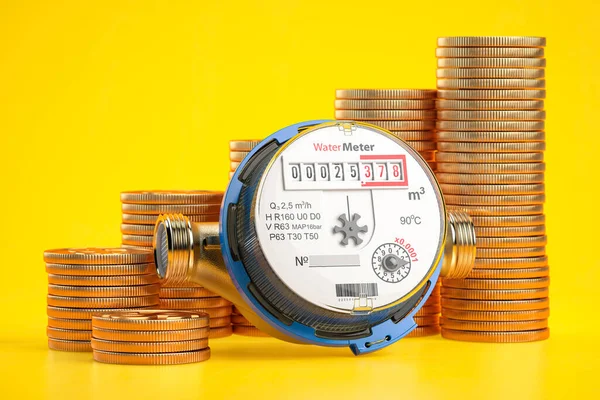 Water Meter Coin Stacks Growth Water Consumption Price Costs Concept — 图库照片