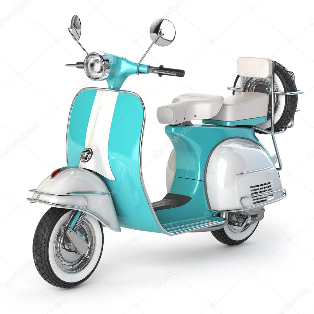 Classic vintage scooter, motor bike or moped isolated on whte. 3d illustration