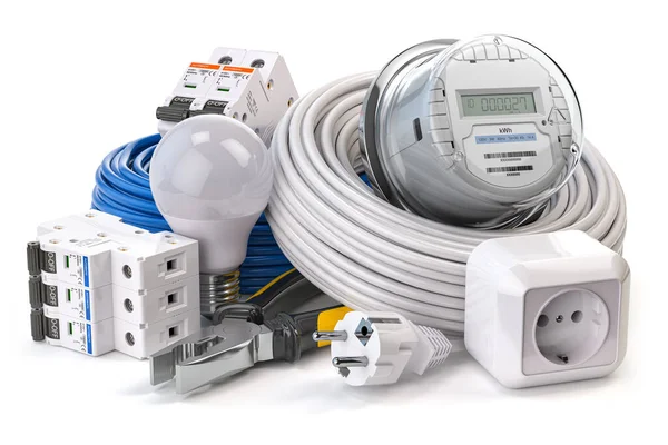 Electrical Component Equipment Circuit Breaker Electric Meter Cables Light Bulb — Foto de Stock