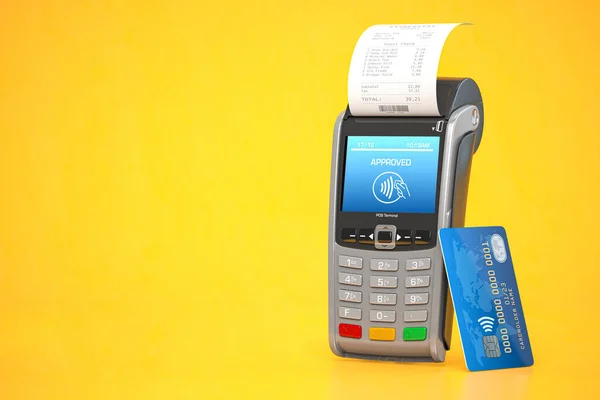 Pos Verkooppunt Terminal Voor Credit Card Betaling Gele Achtergrond Illustratie — Stockfoto