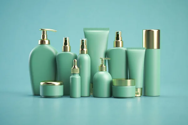 Set of green natural cosmetics products  in bottles on green background. 3d illustration