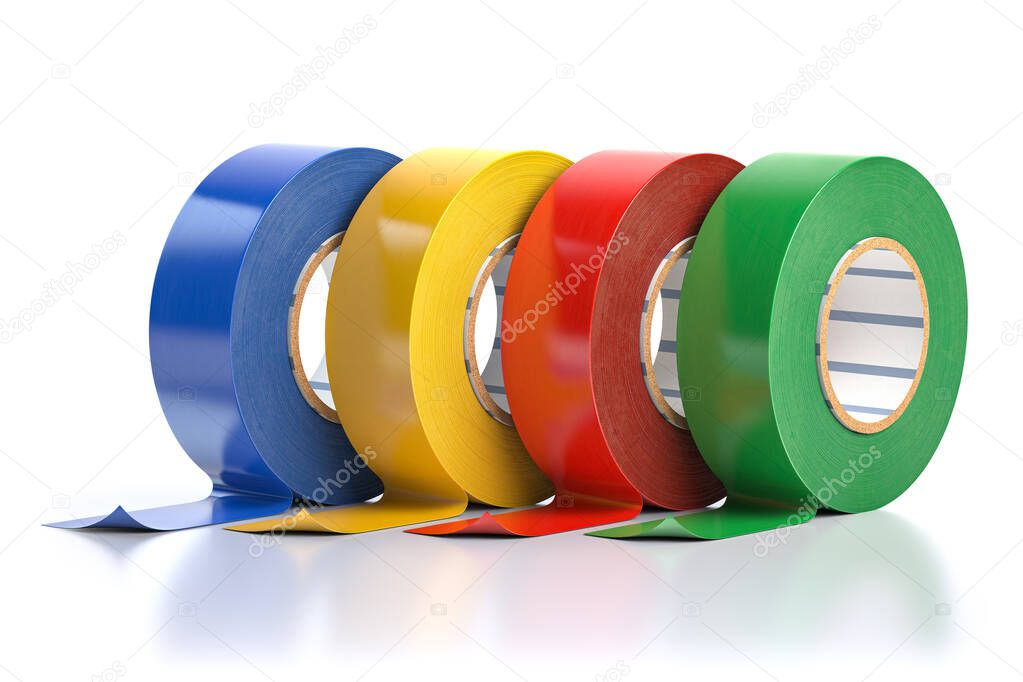Insulation adhesive tape of different colors isolated on white. 3d illustration