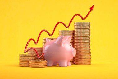 Sarı arka planda para desteleri olan kumbaralar. Finansal, tasarruf ve yatırım kavramı. 3d illüstrasyon