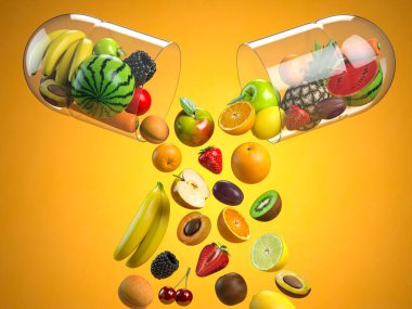 Tıbbi kapsüldeki farklı meyveler, vitamin takviyesi ve sağlıklı beslenme konsepti. 3d illüstrasyon