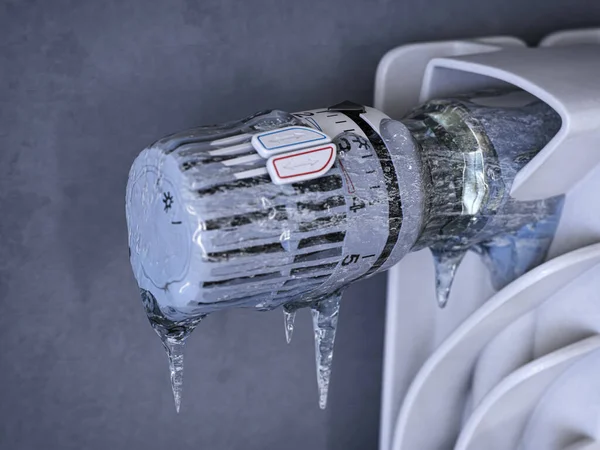 Thermostatic Radiator Valve Icicles Energy Crisis Sturning Heating Non Payment — Stock Photo, Image