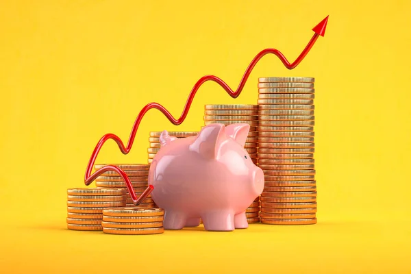 Piggy Bank Com Pilhas Moedas Fundo Amarelo Conceito Financeiro Poupança — Fotografia de Stock