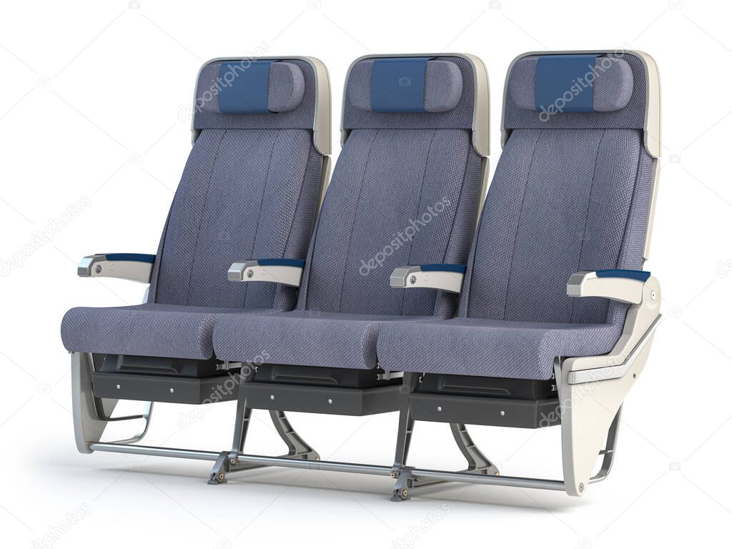 Airplane seats. Aircraft interior armchairs isolated on white background. 3d illustration