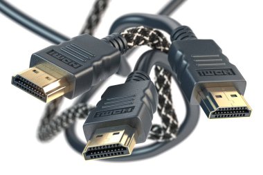 Bilgisayar televizyonu için HDMI kablosu ve beyaza izole edilmiş video. 3d illüstrasyon