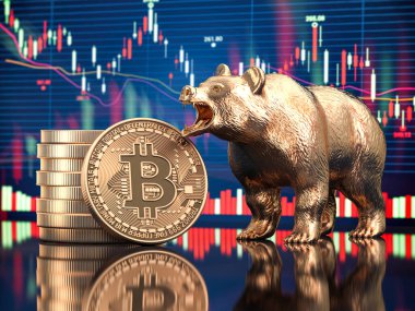 Ayı ve hisse senedi tablosu olan bitcoin. BTC 'nin piyasa çöküşü. 3d illüstrasyon