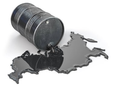 Rus petrol endüstrisi konsepti. Petrol varili ve dökülen petrol Rusya formunda beyaza izole edilmiş. 3d illüstrasyon
