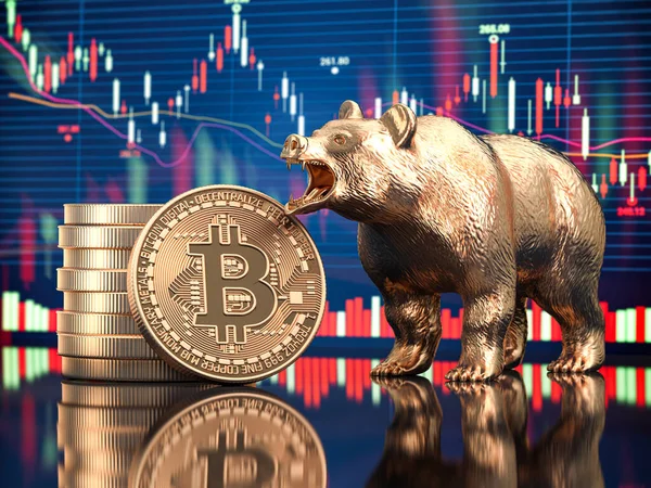 Bitcoin Moeda Com Urso Gráfico Estoque Queda Mercado Bearish Btc — Fotografia de Stock