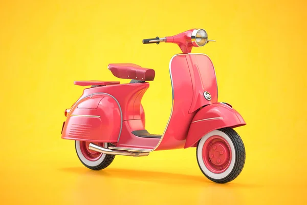 ピンクのヴィンテージスクーター モーターバイクや黄色の背景にモップ 3Dイラスト — ストック写真