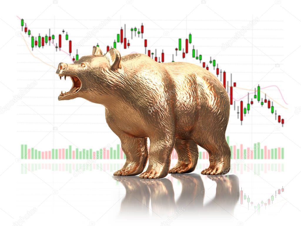 Golden bear on stock market data. Bearish market on financial stock exchange market. 3d illustration