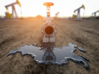 Rus petrol endüstrisi konsepti. Petrol boru hattı ve Rusya haritası şeklinde dökülen petrol. 3d illüstrasyon