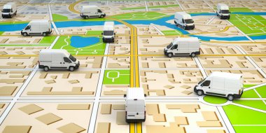 Şehir haritasında ticari minibüsler var. Teslimat filosu. 3d illüstrasyon