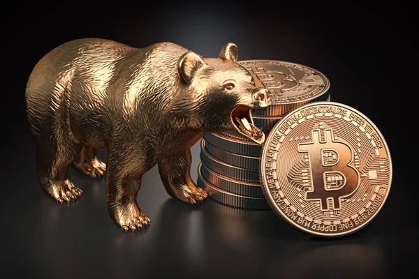Bitcoin Moeda Com Urso Fundo Preto Mercado Bearish Btc Ilustração — Fotografia de Stock
