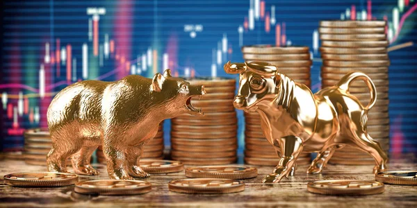 Bulle Und Bär Mit Stapeln Von Münzen Und Charts Aktienkurse — Stockfoto