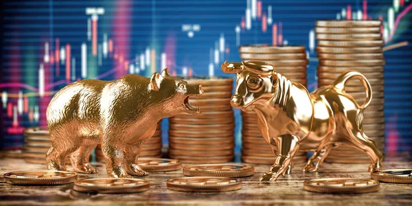 Toro Oso Con Pilas Monedas Gráficos Precios Las Acciones Antecedentes — Foto de Stock