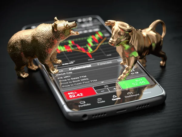 黄金の雄牛と彼の画面上の株式市場データアプリケーションとスマートフォン上の株式市場のシンボルとして負担します 3Dイラスト — ストック写真