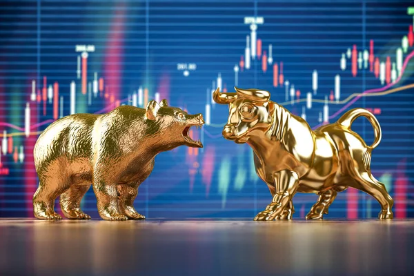 Золотой Бык Медведь Фоне Графиков Фондовых Данных Инвестиционная Биржевая Финансовая — стоковое фото