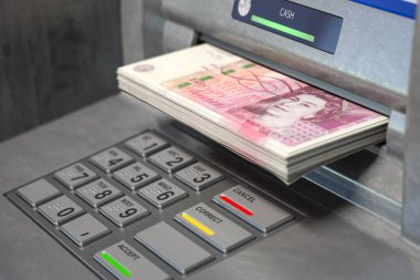 ATM ve GBP pound. Banknotları geri çekiyorum. 3d illüstrasyon