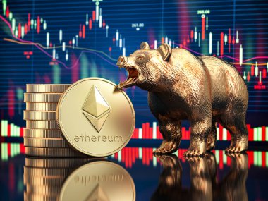 Ethereum hamiline piyasası, çök ve düş. Eteheryum madeni para, ayı ve stok tablosu. 3d illüstrasyon