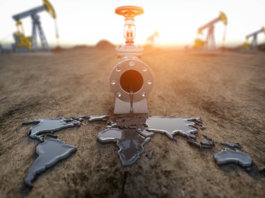 Dünya petrol endüstrisi konsepti. Petrol boru hattı, dünya haritası şeklinde dökülen petrolle. 3d illüstrasyon