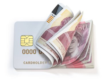 Kredi kartı ve İngiliz sterlini. Bankacılık, alışveriş konsepti. Cüzdan ya da banka hesabı açmak. 3d illüstrasyon