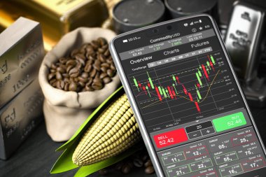 Akıllı telefon ve eşyalar. Cep telefonu ekranında borsa ticaret platformu var. 3d illüstrasyon