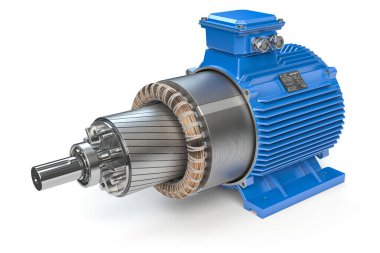 Açık endüstriyel elektrikli motor beyaz, rotor ve stator üzerinde izole edilmiş. 3d illüstrasyon