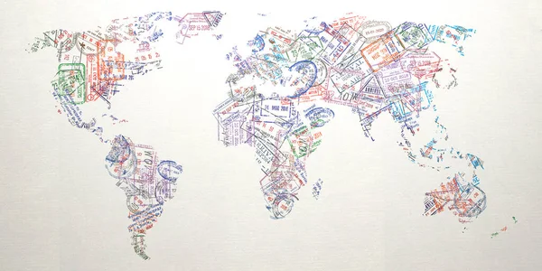 Паспортні Марки Різних Візових Країн Формі Світової Карти Концепція Подорожей — стокове фото
