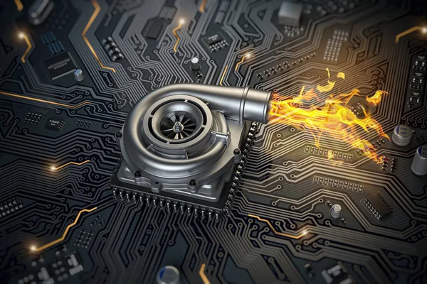 Cpu Microchip Turbocharger Fire Flame Computer Motherboard Processor Overclocking Concept — Stockfoto