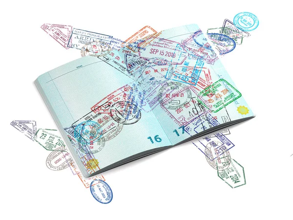 Passport Stamps Different Visa Country Form Airplane Travel Tourism Immigration — Stock Photo, Image