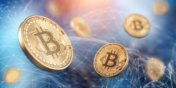 Mavi soyut teknoloji arka planında bitcoin paralar. 3d illüstrasyon