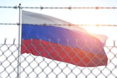 Flag of Russia behind barbed wire fence. Concept of sanctions, dictatorship, discrimination and violation of human rights and freedom in Russia. 3d illustration
