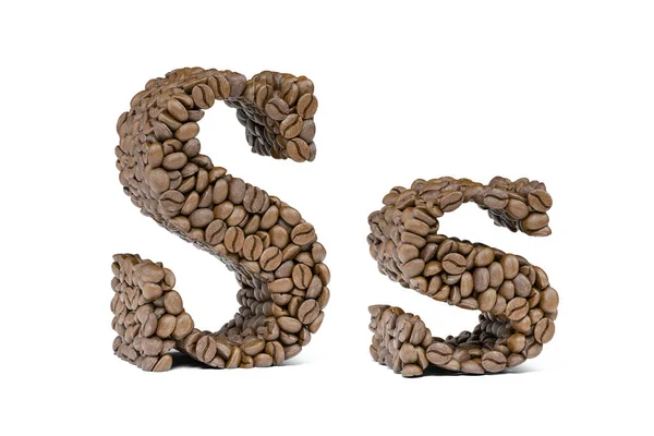 咖啡豆中的字母S在白色上进行了等量化 咖啡字母表3D说明 — 图库照片