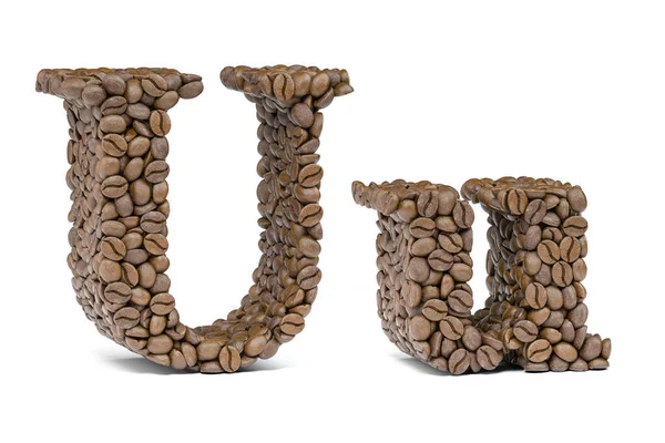 咖啡豆中的字母U在白色上进行了等量化 咖啡字母表3D说明 — 图库照片