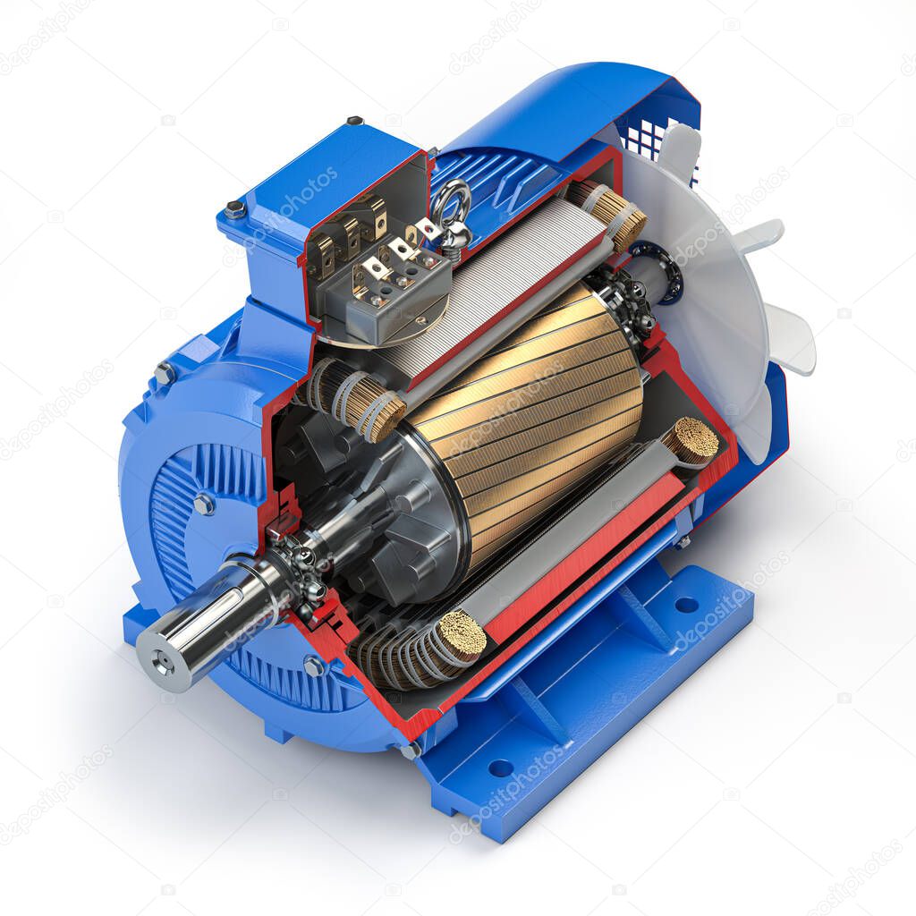 Cross section of Industrial electric motor. Electric motor parts and structure isolated on white background. 3d illustration