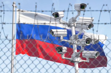 Dikenli tellerin ve kameraların arkasında Rusya bayrağı var. Rusya 'da yaptırımlar, diktatörlük, ayrımcılık ve insan hakları ve özgürlüğünün ihlali kavramı. 3d illüstrasyon