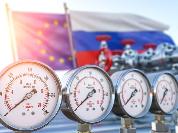 圧力ゼロのゲージとEuとロシアの旗を持つガスパイプライン エネルギー危機とセクションの概念 3Dイラスト — ストック写真