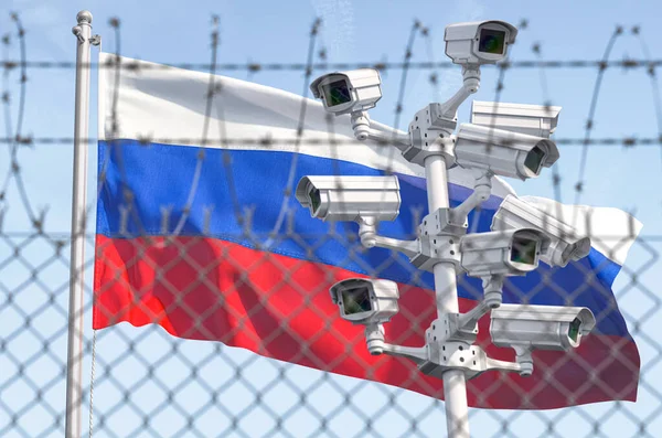 Flag of Russia behind barbed wire fence and cctv cameras. Concept of sanctions, dictatorship, discrimination and violation of human rights and freedom in Russia. 3d illustration