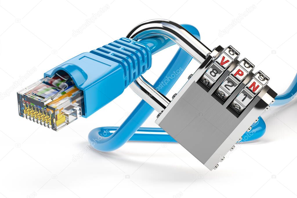 VPN, internet security and data protection concept. Network ethernet cable locked with code lock. 3d illustration