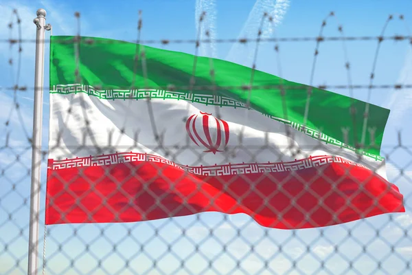 Flag of Iran behind barbed wire fence. Concept of sanctions, embargo, dictatorship, discrimination and violation of human rights and freedom in Iran. 3d illustration