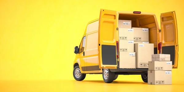 Fast Espress Delivery Concept Rear View Yellow Delivery Van Cardboard — Stock Photo, Image