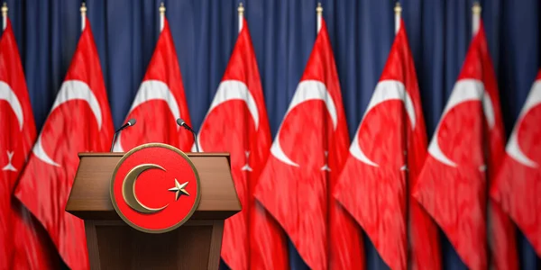Political event, press conference or speach of a leader of Turkey.  Flag of Turkey and speaker podium tribune. 3d illustration