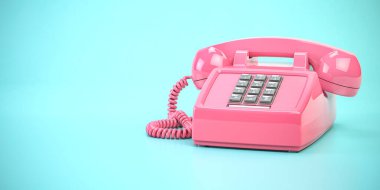 Pembe telefon. Cyan backgound 'daki antika tuşlu telefon. 3d illüstrasyon