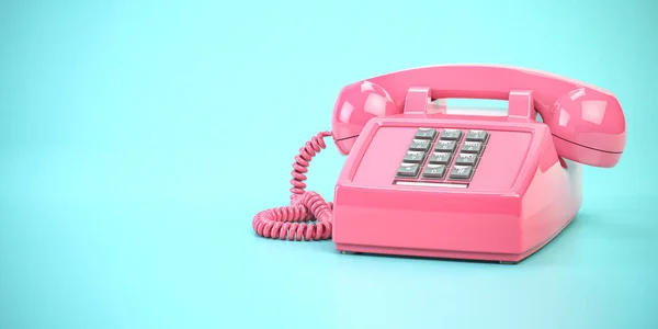 Pink telephone. Vintage retro push button telephone on cyan backgound. 3d illustration