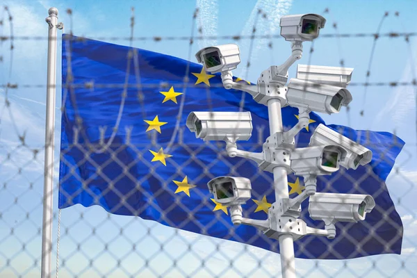 有刺鉄線フェンスとCctvカメラの後ろに欧州連合 難民からの国境の閉鎖 Euにおける人権と自由の差別と侵害の概念 3Dイラスト — ストック写真
