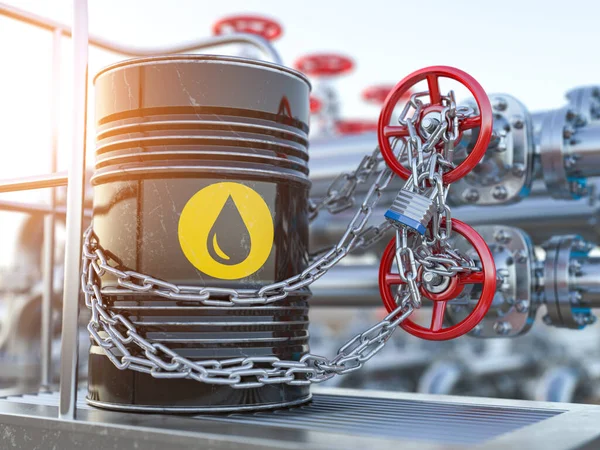 石油危机概念 油桶和输油管道用链条锁住 3D说明 — 图库照片