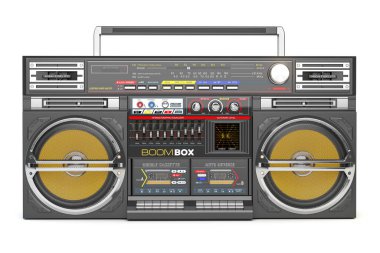 Retro boombox getto silahı, telsiz ve ses kayıt cihazı beyaza izole edildi. 3d illüstrasyon